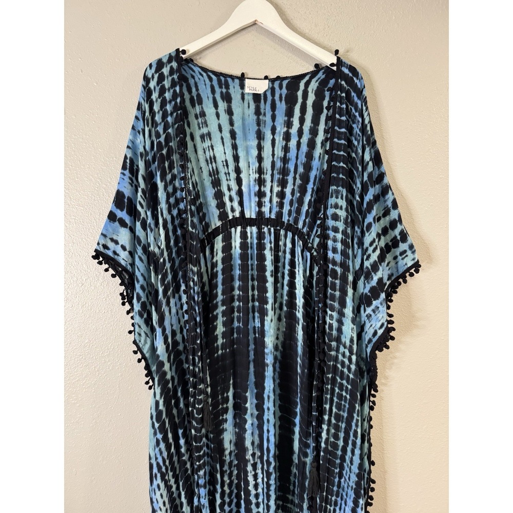 Style Park 1 Bali Tie Dye Kaftan Maxi Kimono Tassels Whimsigoth Boho Blue Black